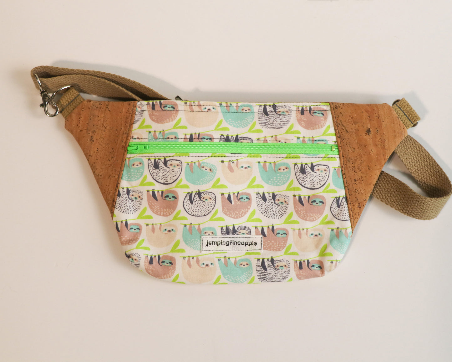 sloths and cork bag, front view
