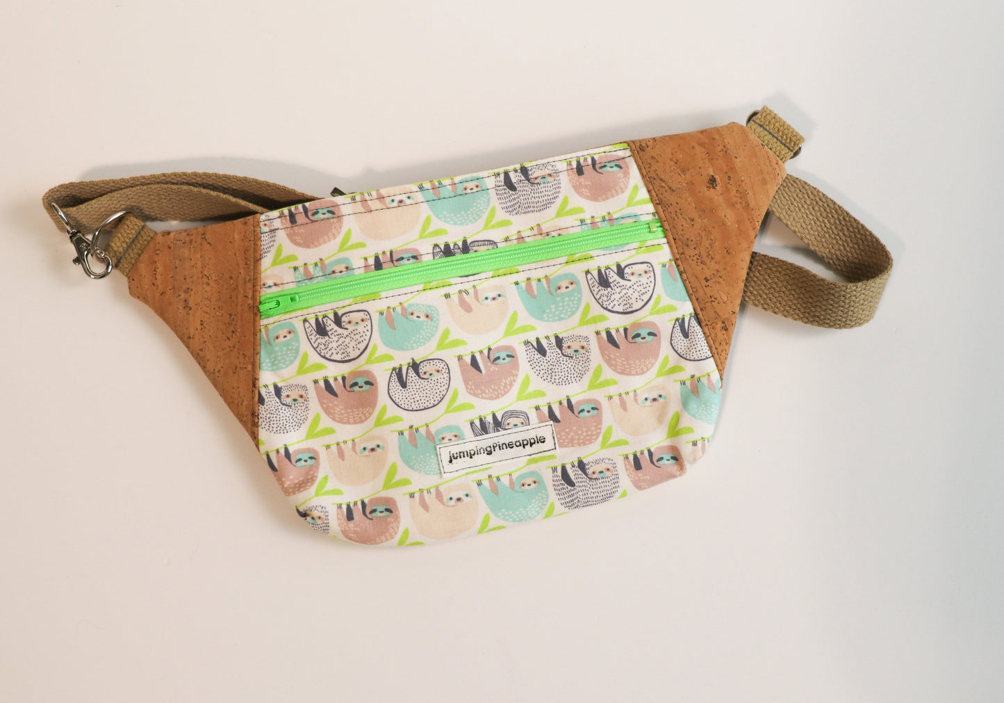 sloths and cork bag, front view