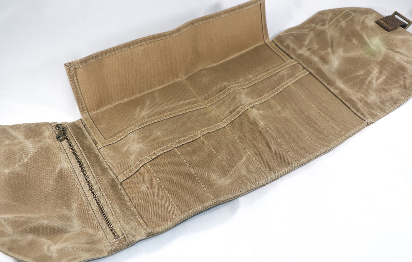 tan waxed canvas artist roll, inside view