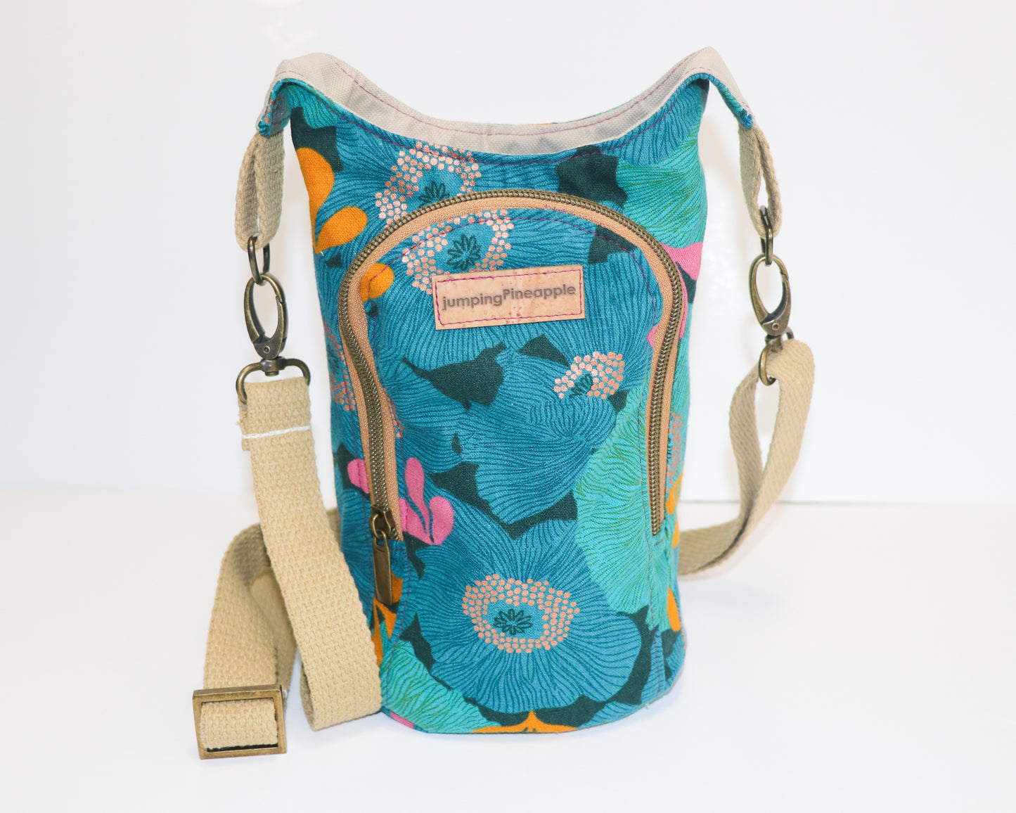 teal and blue floral water bottle sling, front view