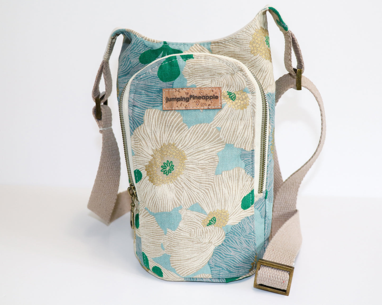 light blue floral water bottle sling, front view