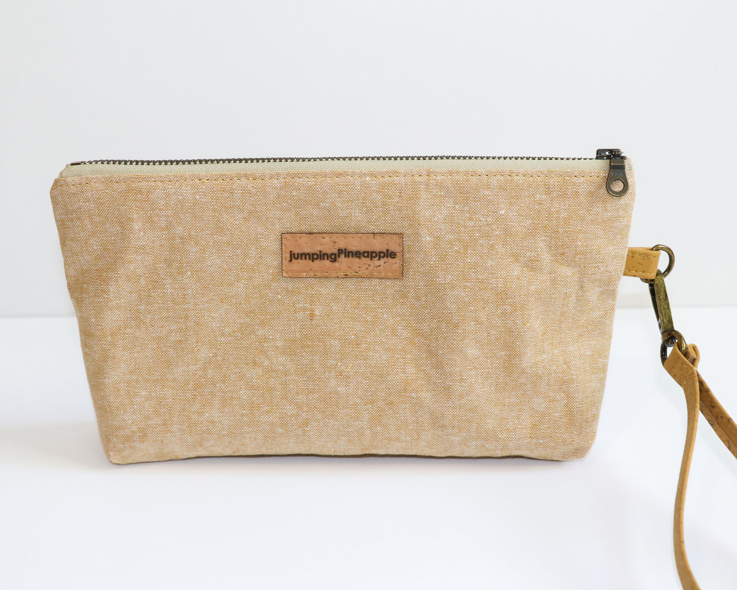 mint floral and linen wristlet, back view
