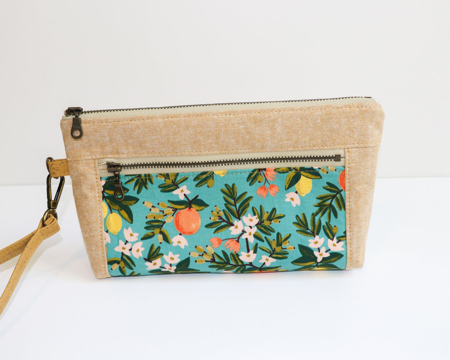 citrus print and linen wristlet, front view