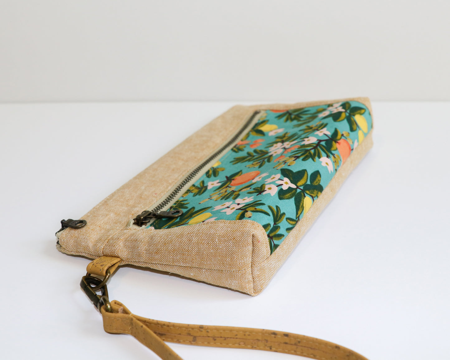 citrus print and linen wristlet, laying flat