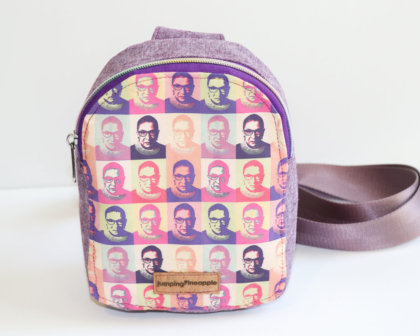 RBG and purple linen mini backpack sling, front view