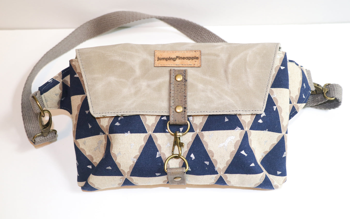 triangles canvas with grey waxed canvas flap belt bag, front view