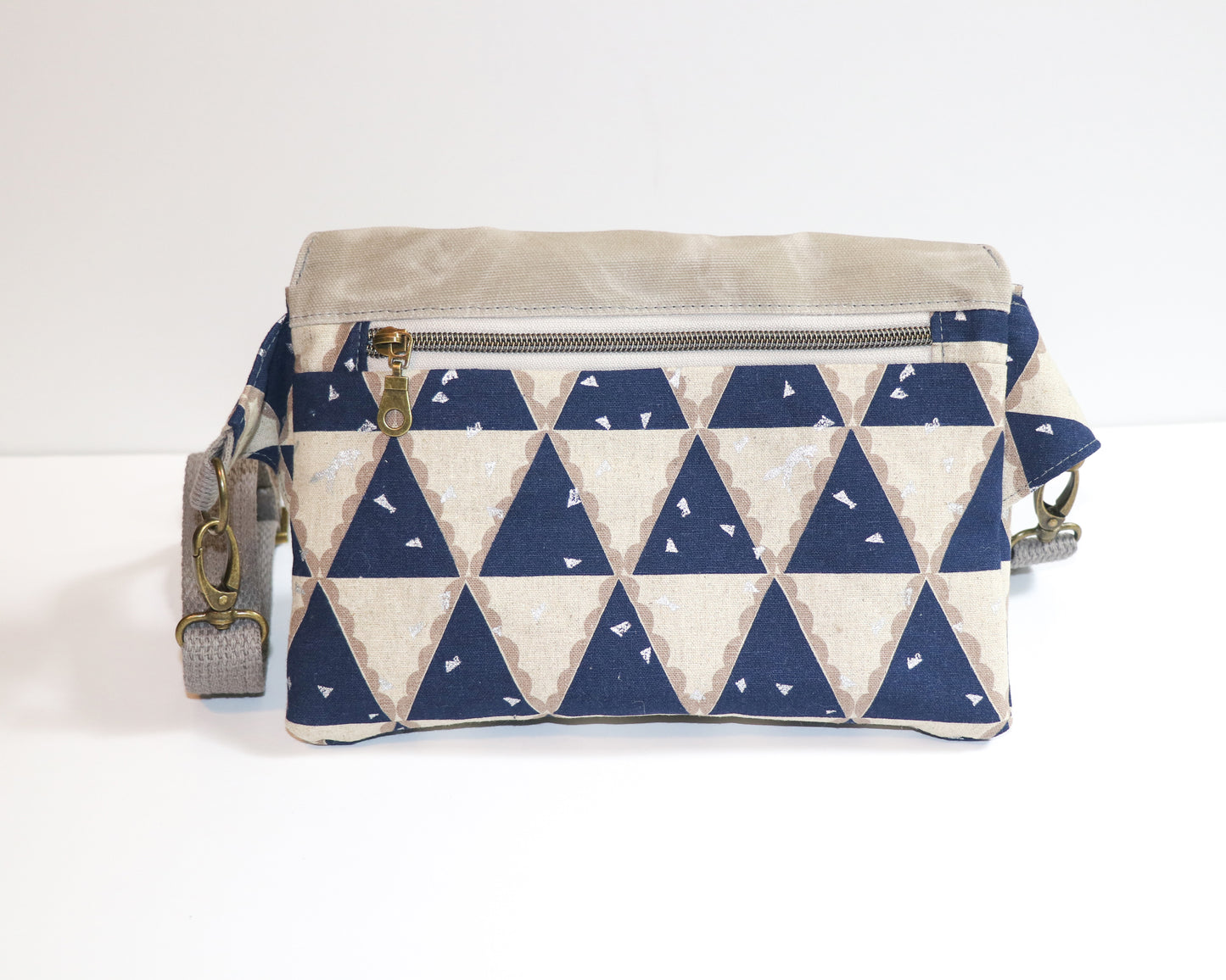 triangles canvas with grey waxed canvas flap belt bag, back view