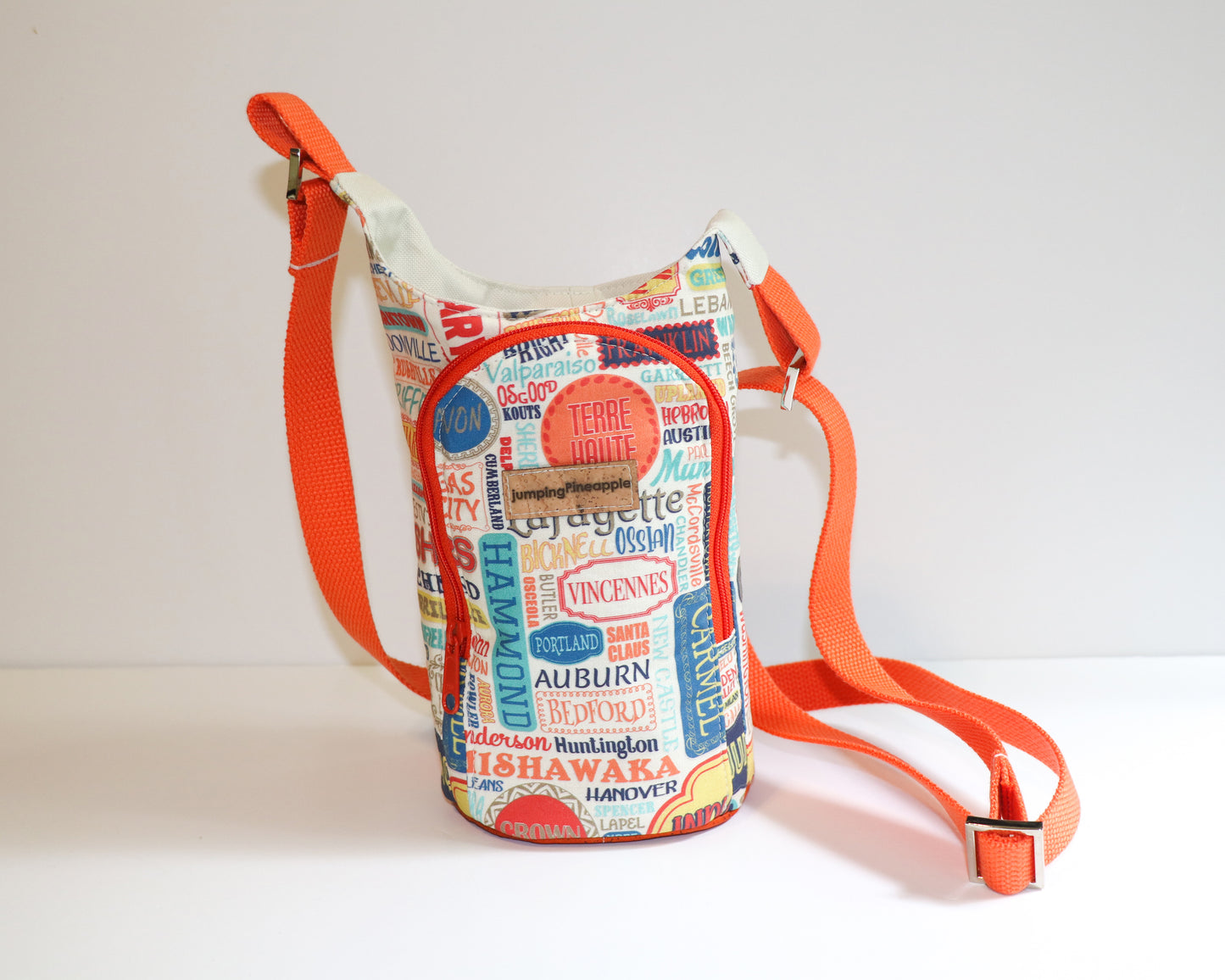 Indiana towns water bottle sling, front view