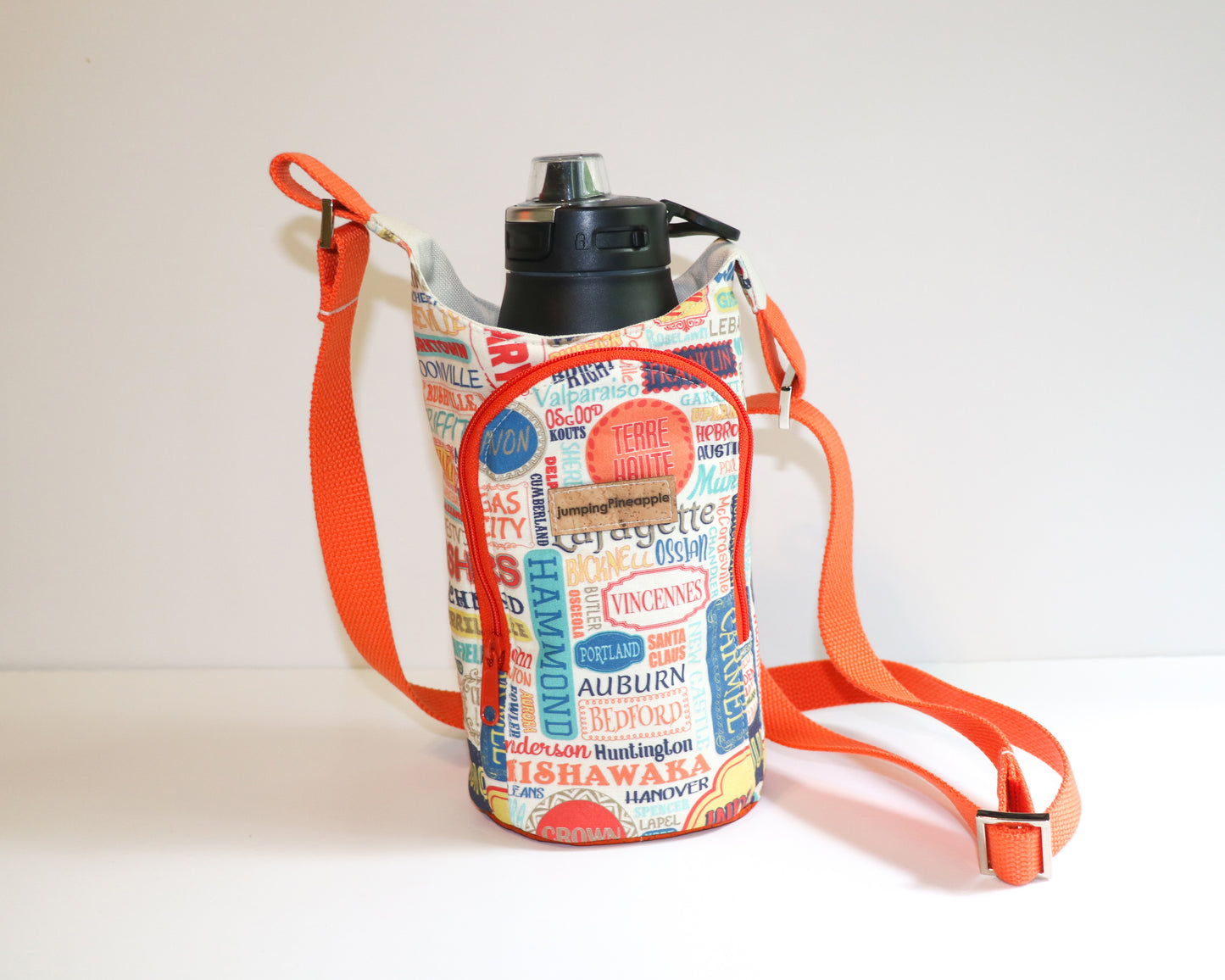 Indiana towns water bottle sling, water bottle inside