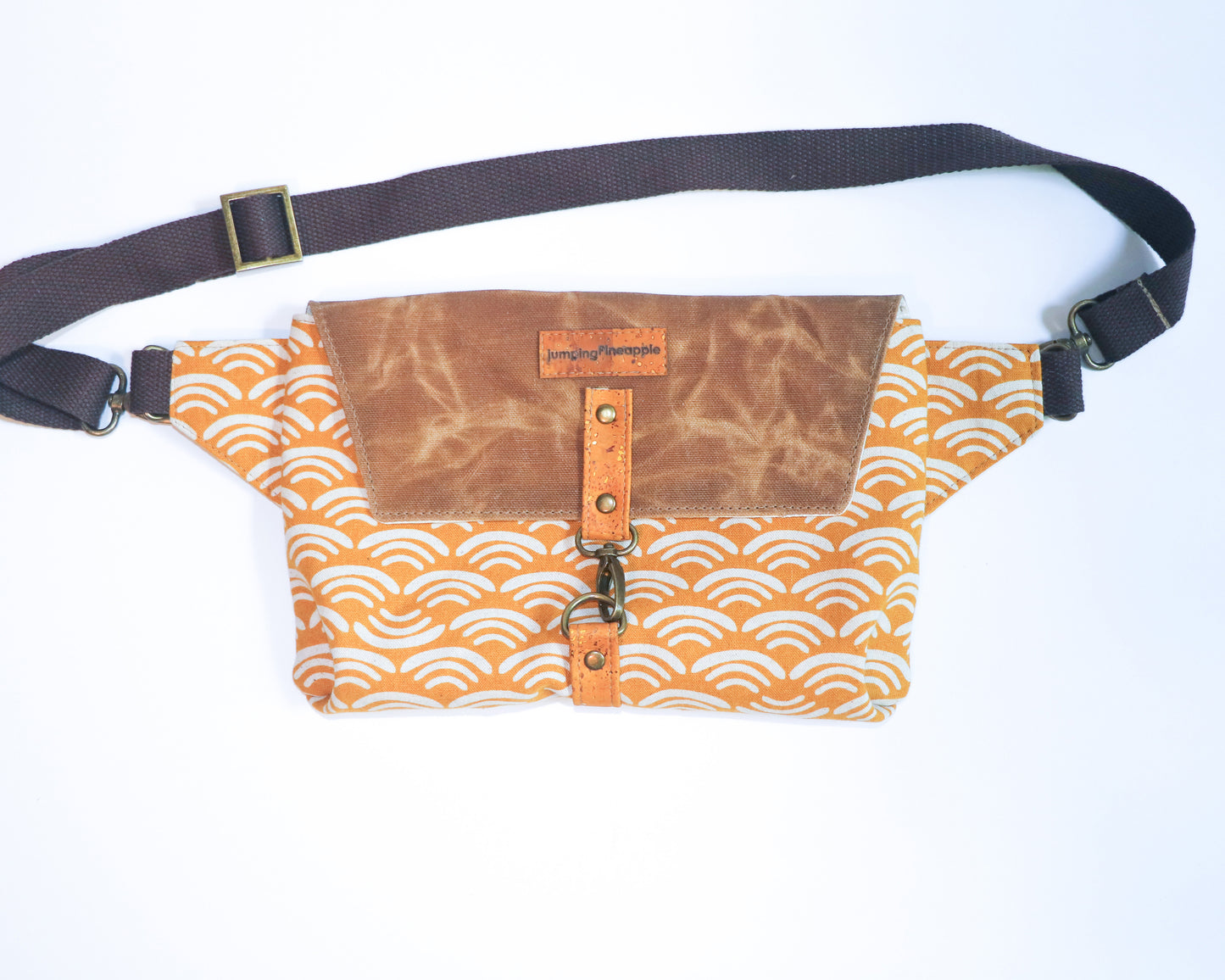 mustard print and waxed canvas belt bag, front view