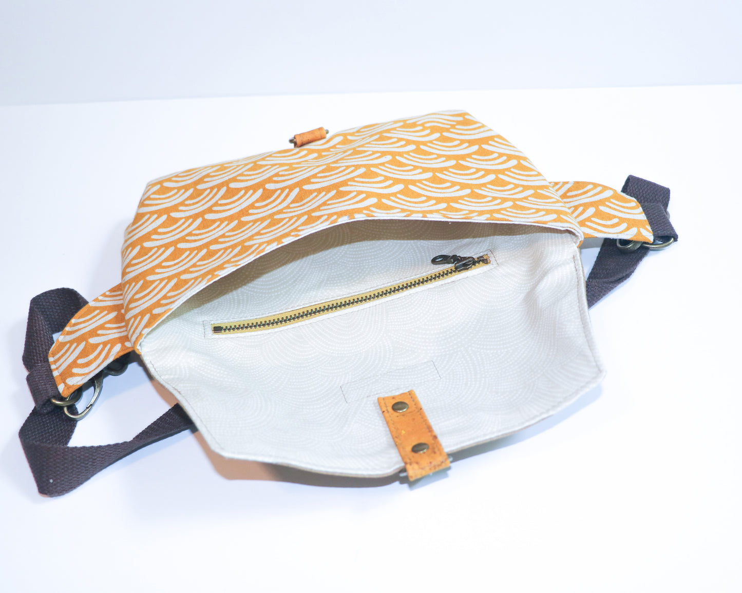 mustard print and waxed canvas belt bag, inside view