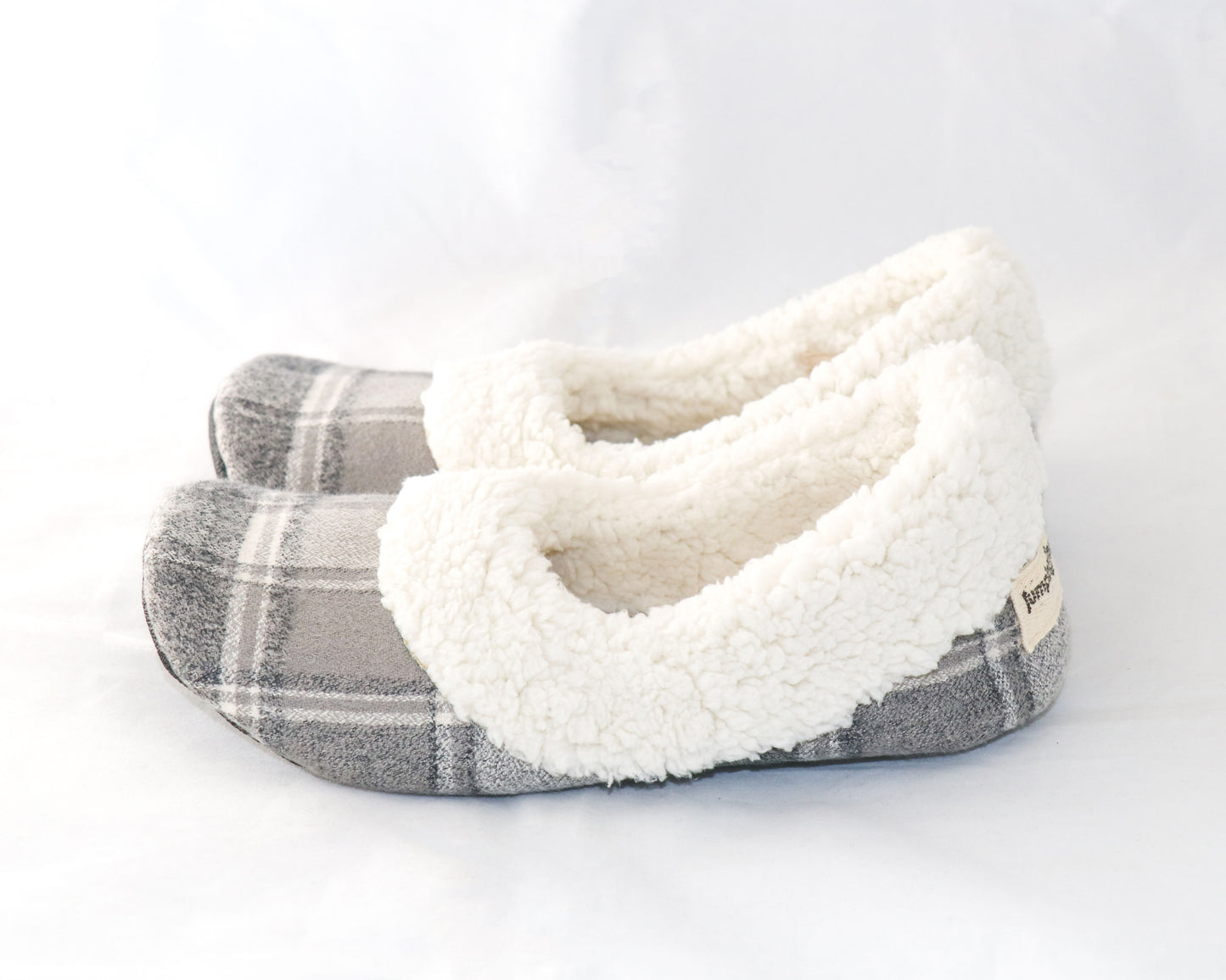 grey plaid flannel slippers with sherpa lining