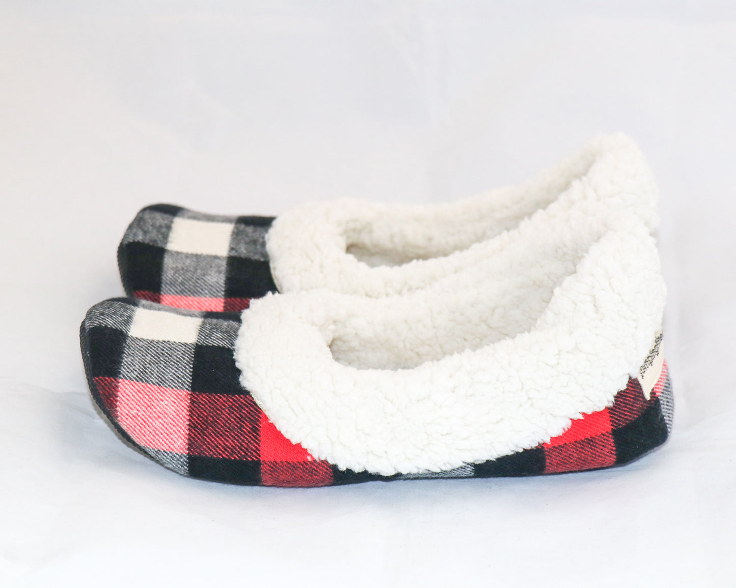 red and black flannel slippers with cream sherpa inside