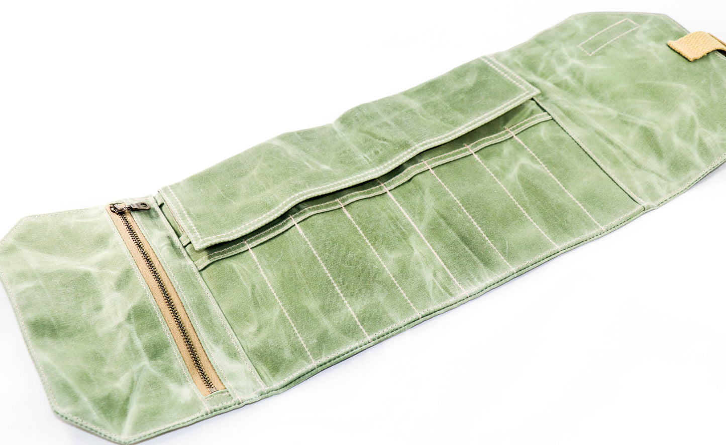 olive waxed canvas artist roll, open