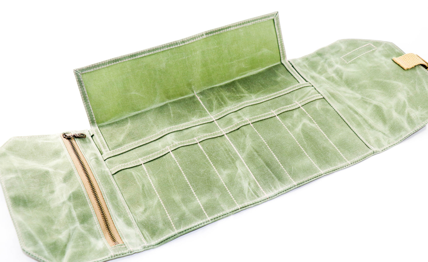 olive waxed canvas artist roll, open with flap up