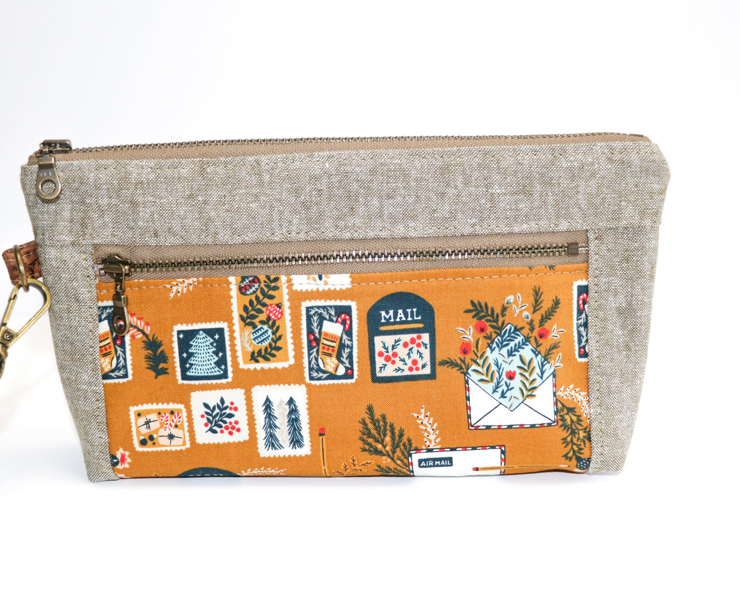 mustard postage stamps and olive linen wristlet