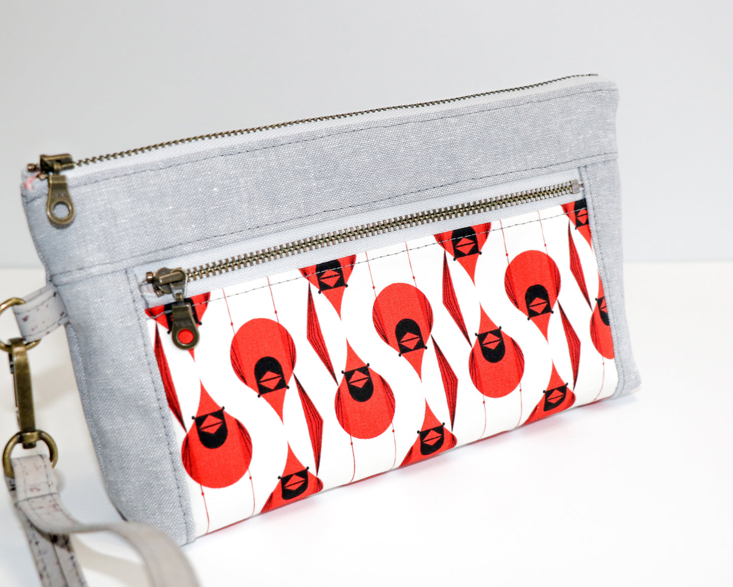 Charley Harper cardinals and grey linen wristlet