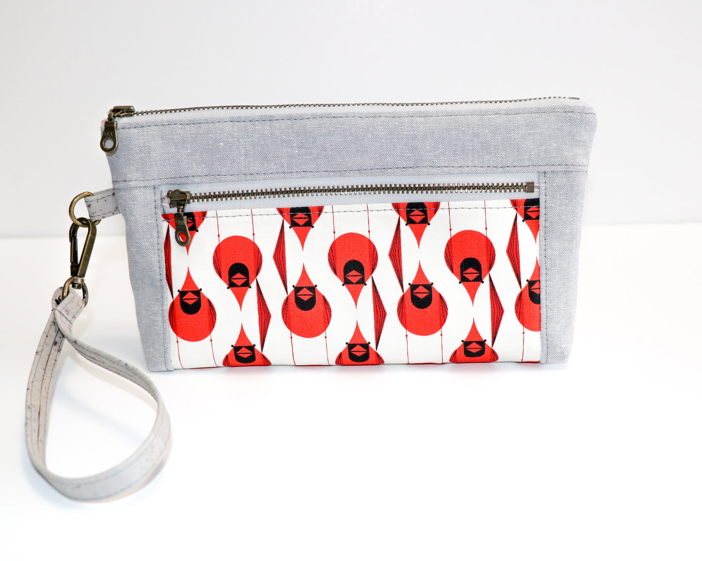 Charley Harper cardinals and grey linen wristlet