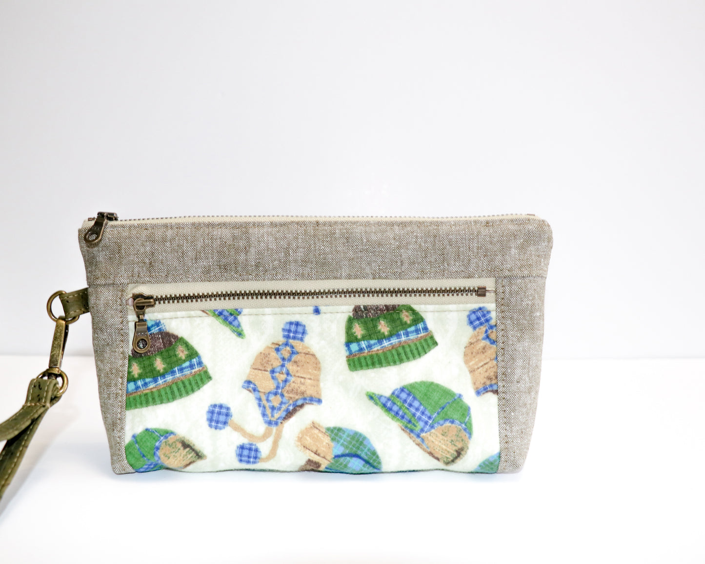 flannel winter hats and olive linen wristlet