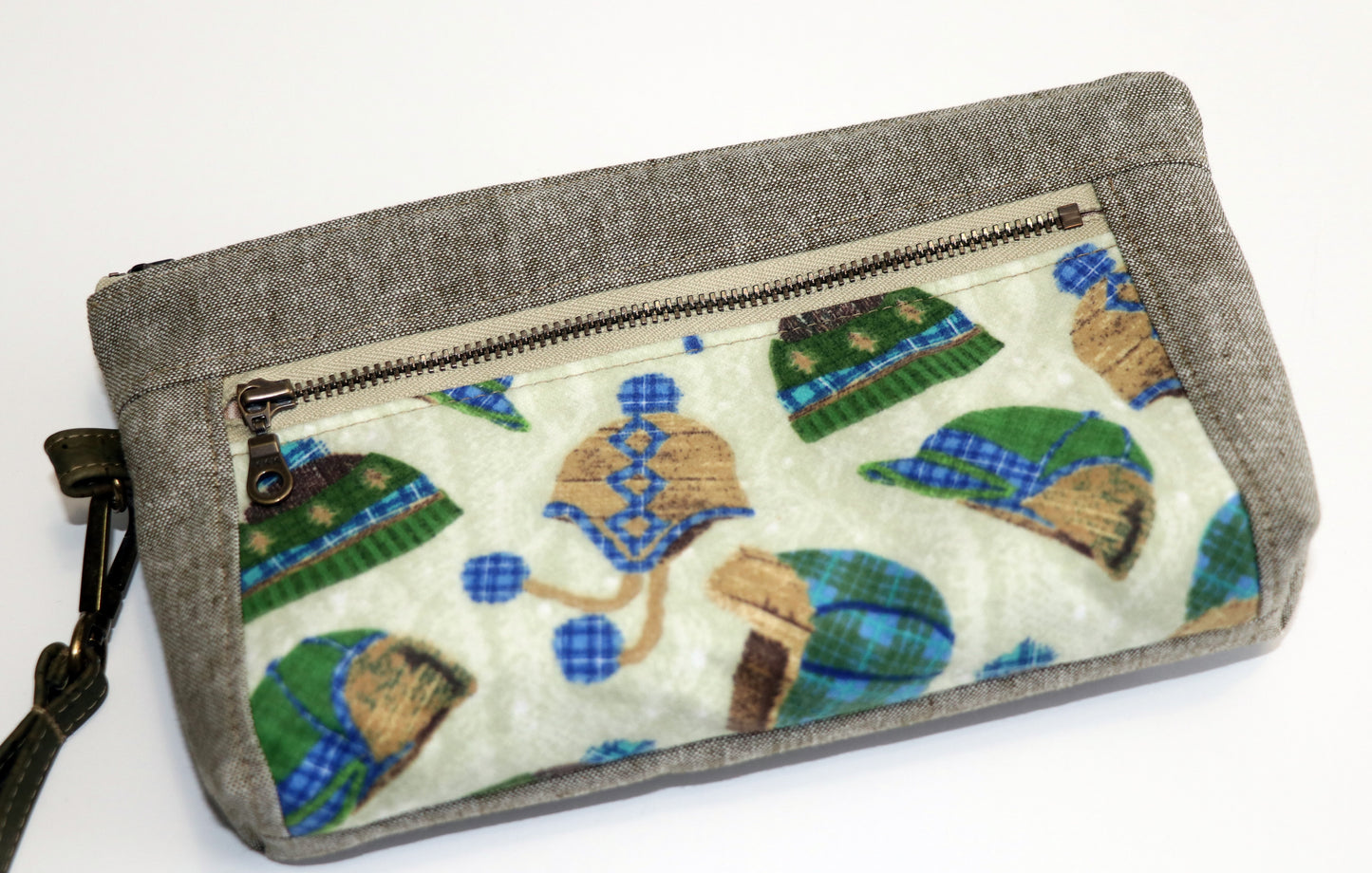 flannel winter hats and olive linen wristlet