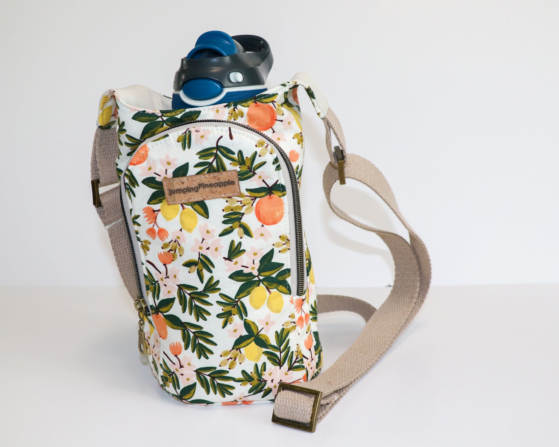 citrus print water bottle sling, front view with water bottle inside