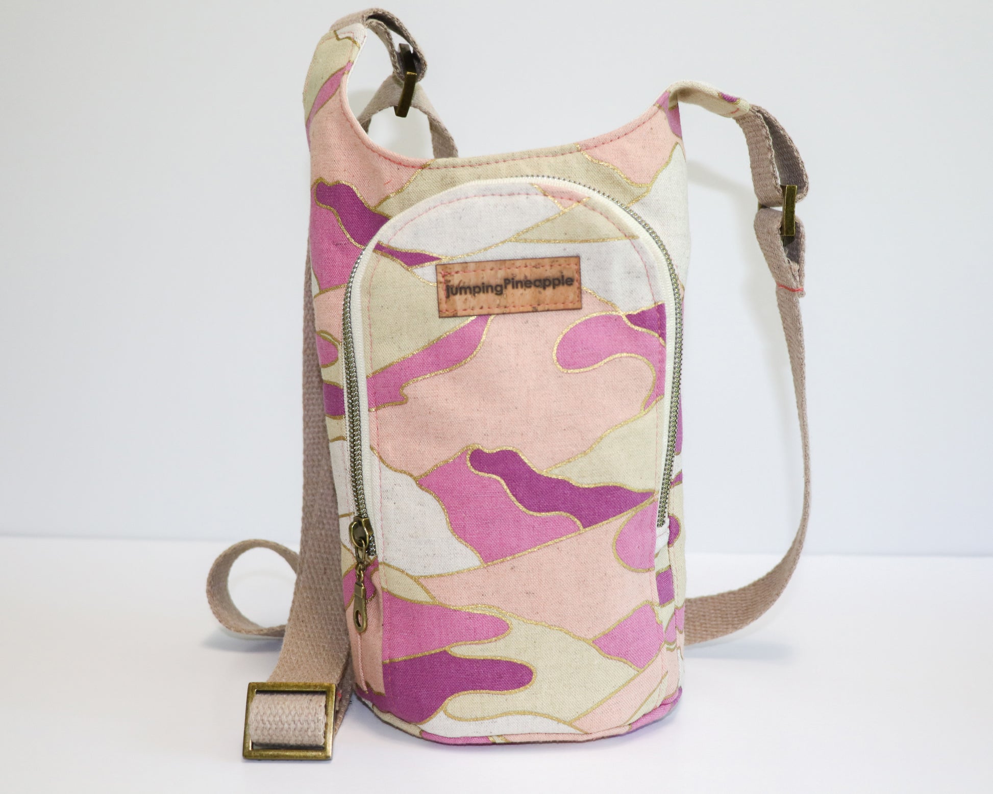 magenta and coral print water bottle sling, front view