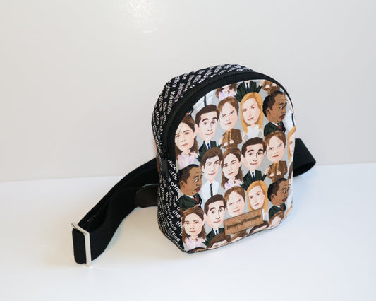 The Office characters mini backpack sling, front view