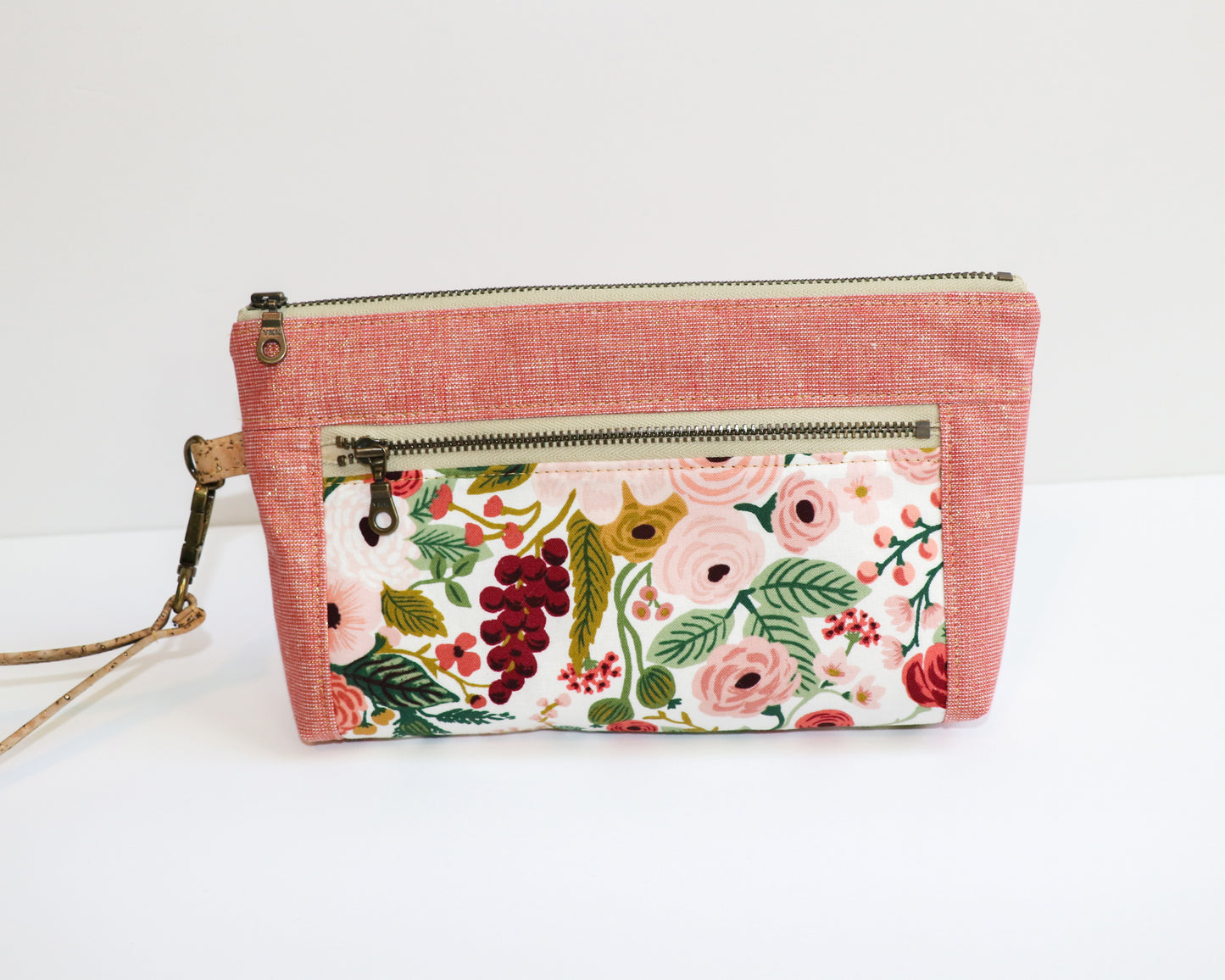 pink tones floral with dusty rose metallic linen wristlet, front view