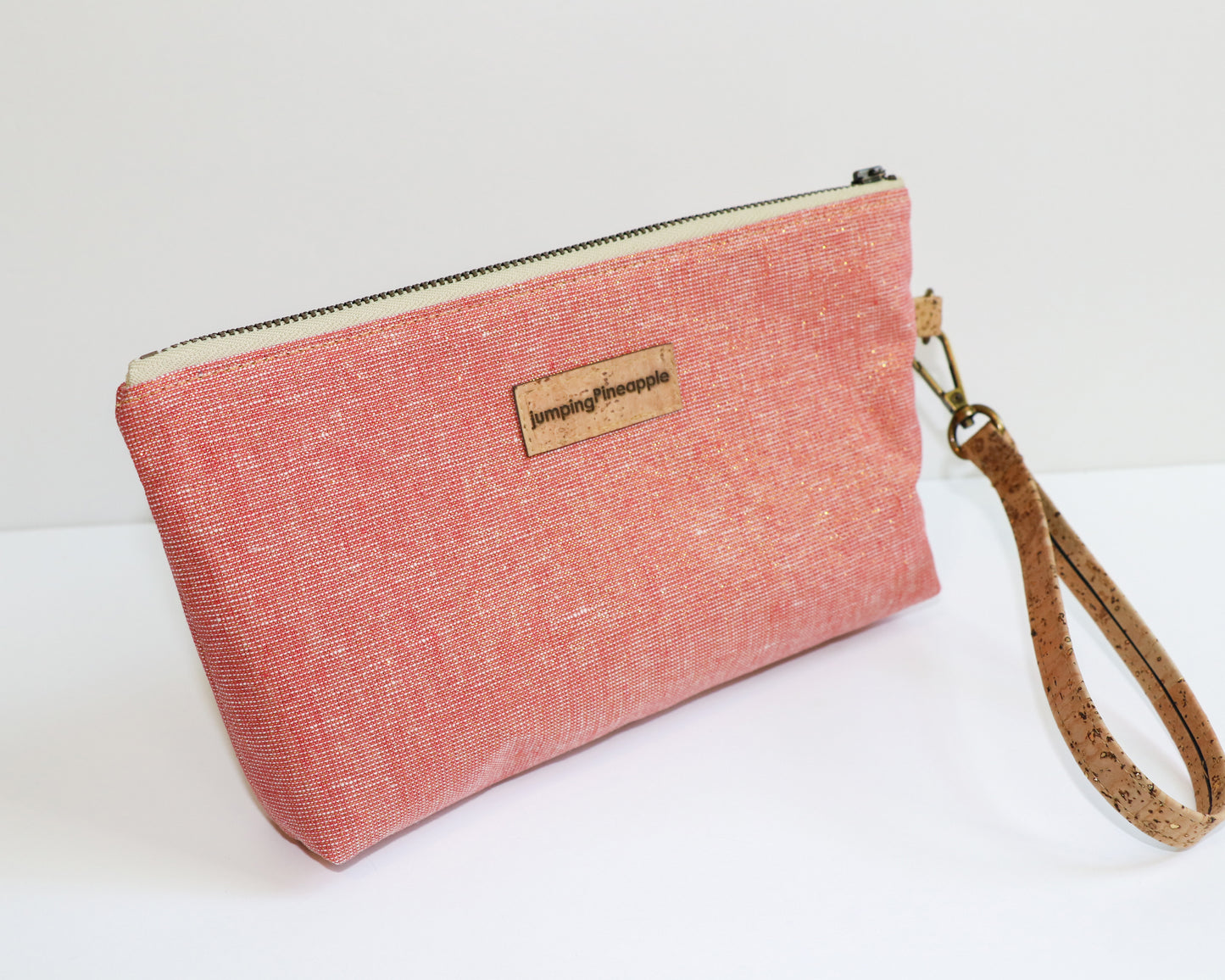 pink tones floral with dusty rose metallic linen wristlet, back view
