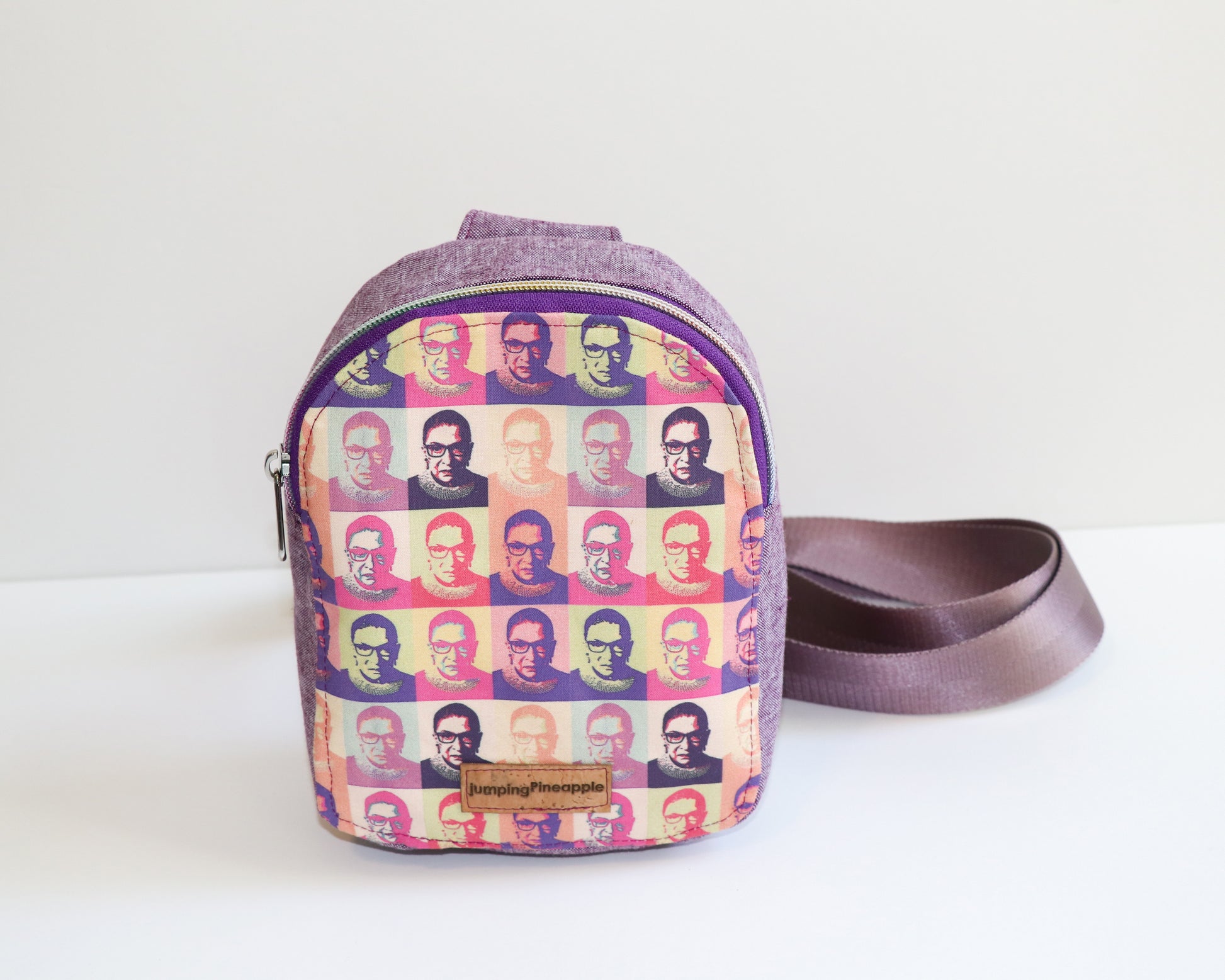 RBG and purple linen mini backpack sling, front view