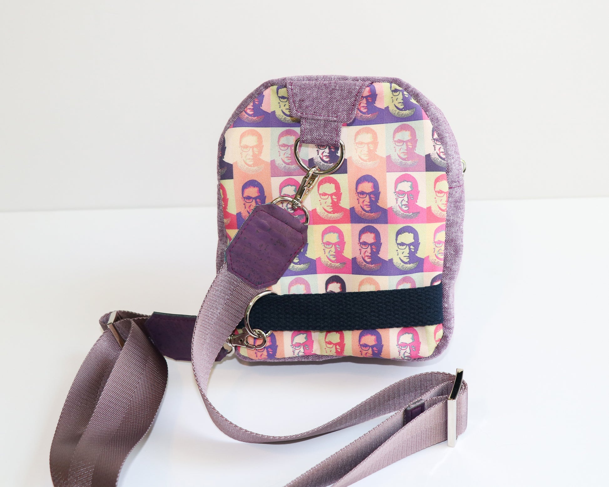 RBG and purple linen mini backpack sling, back view