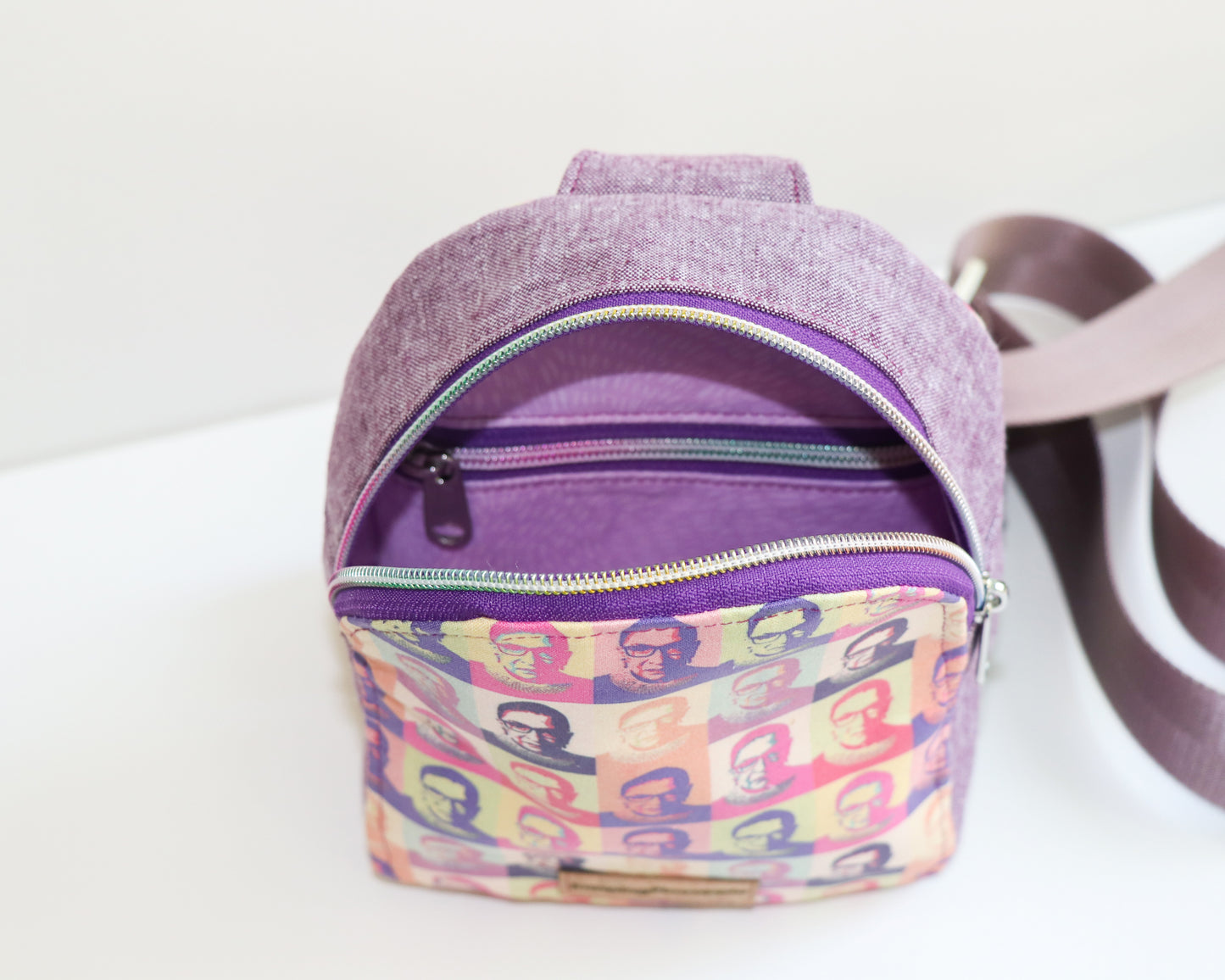 RBG and purple linen mini backpack sling, inside view