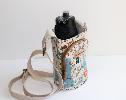 world cities water bottle sling, front view with water bottle inside