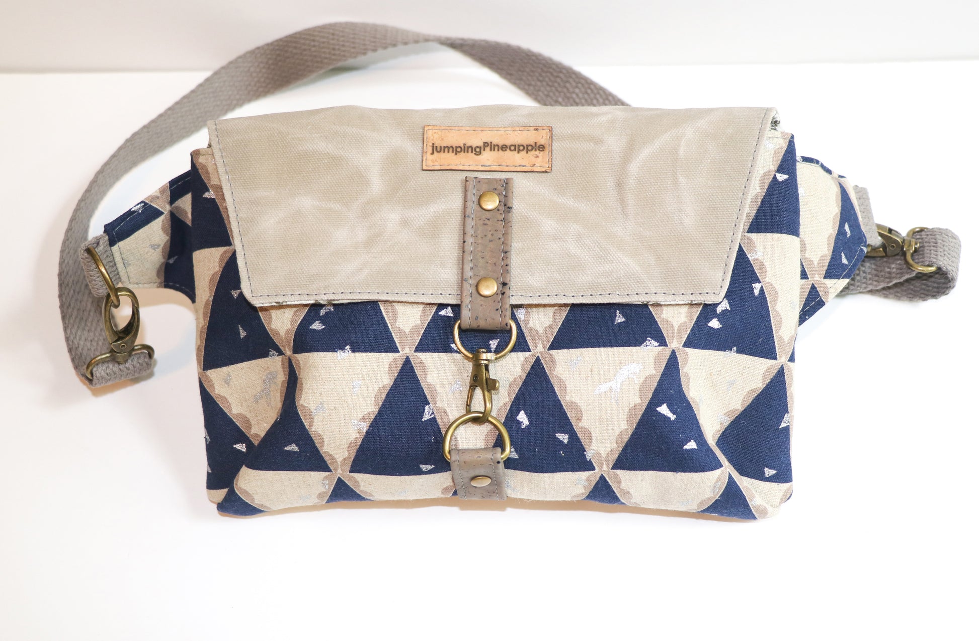 triangles canvas with grey waxed canvas flap belt bag, front view