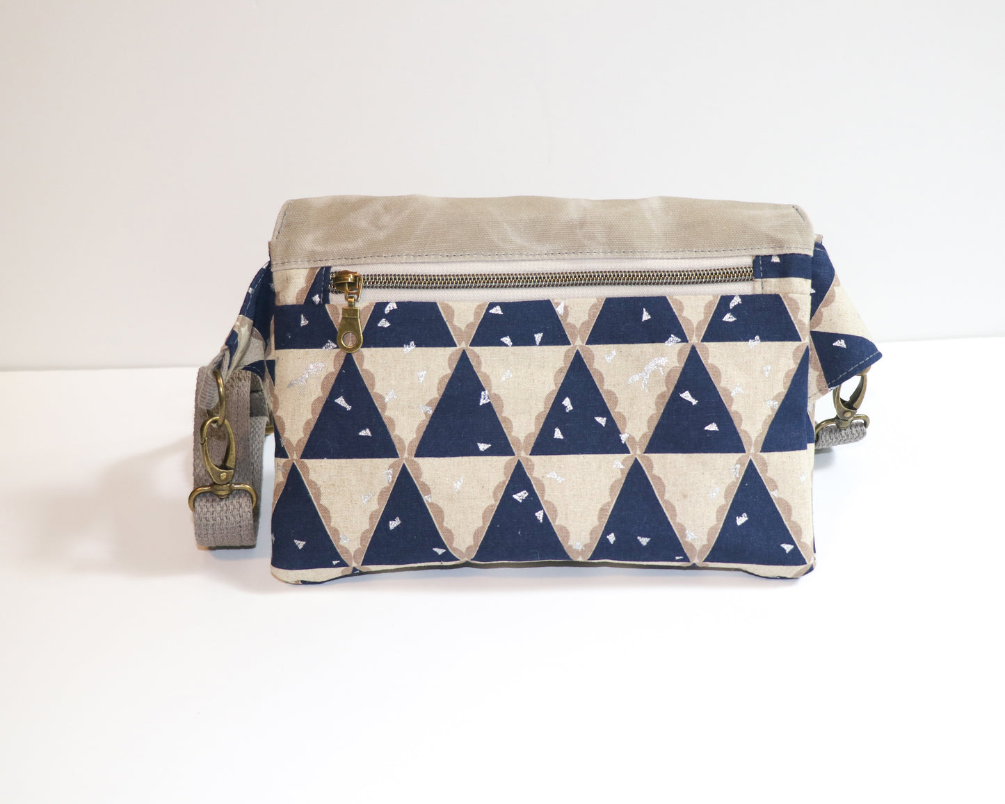 triangles canvas with grey waxed canvas flap belt bag, back view