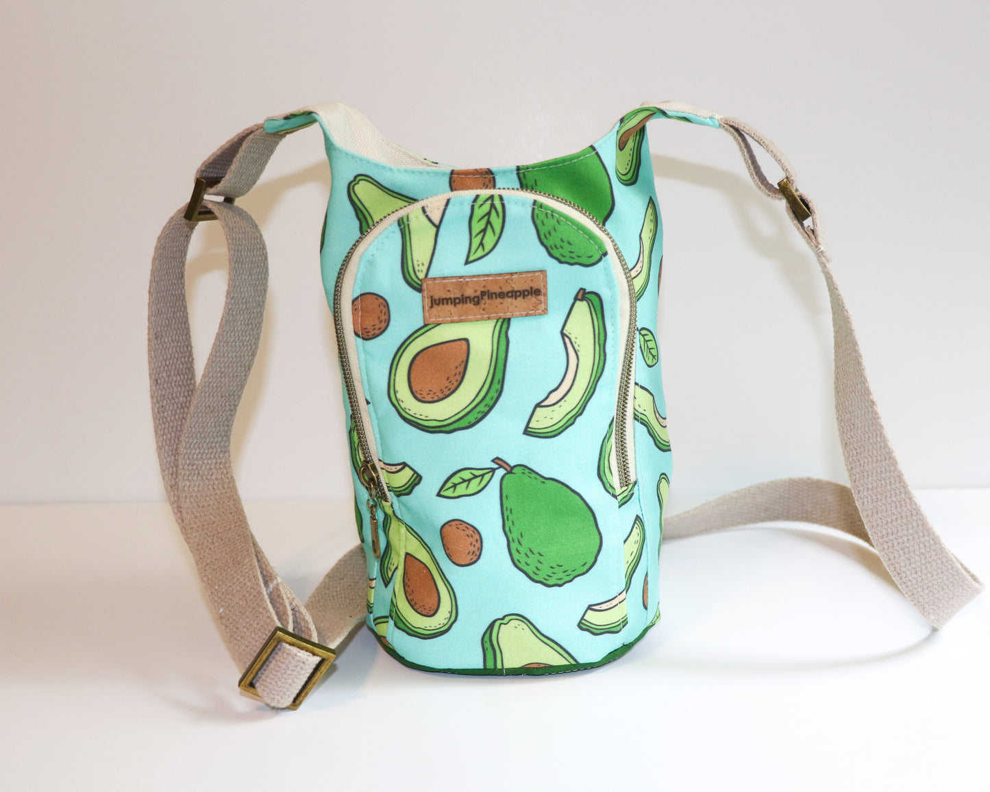 Avocado water bottle sling, front view