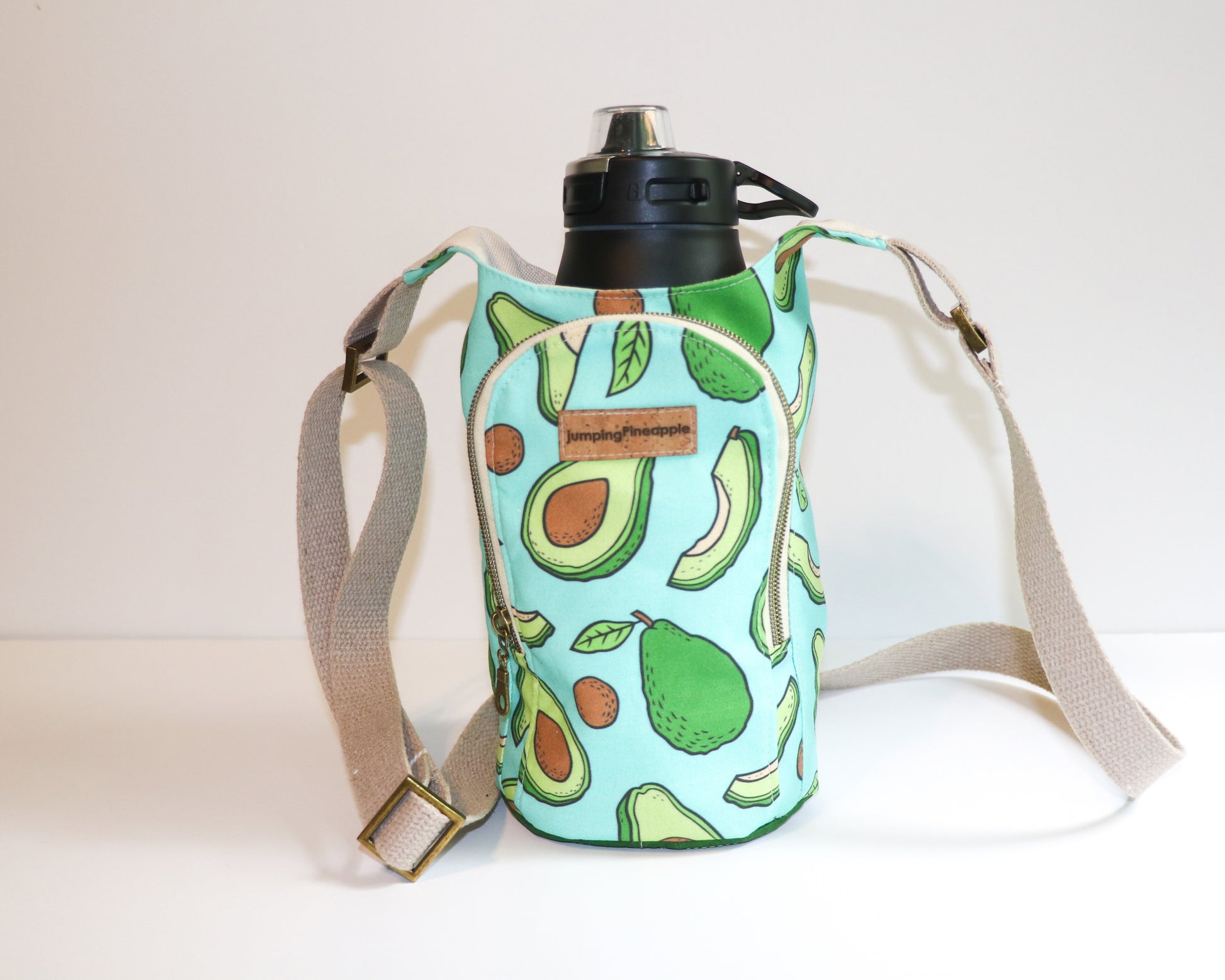 Avocado water bottle sling, front view with water bottle inside