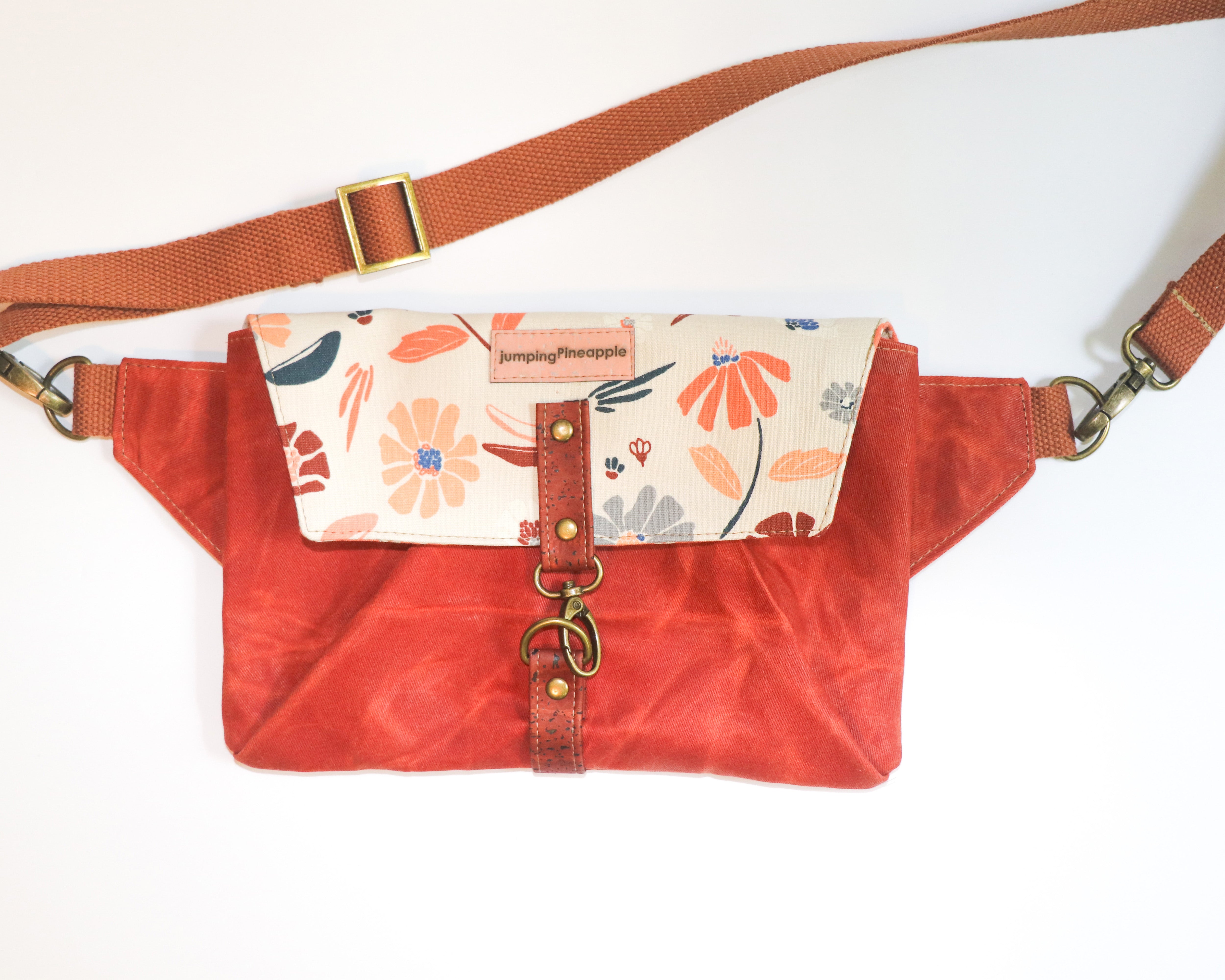 Terra cotta waxed canvas and floral belt bag Jumping Pineapple