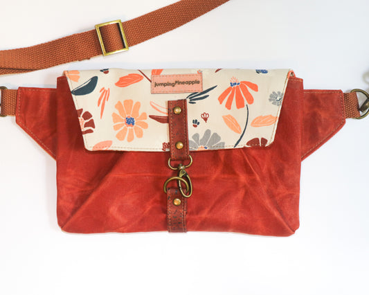 terra cotta waxed canvas and floral belt bag, front view
