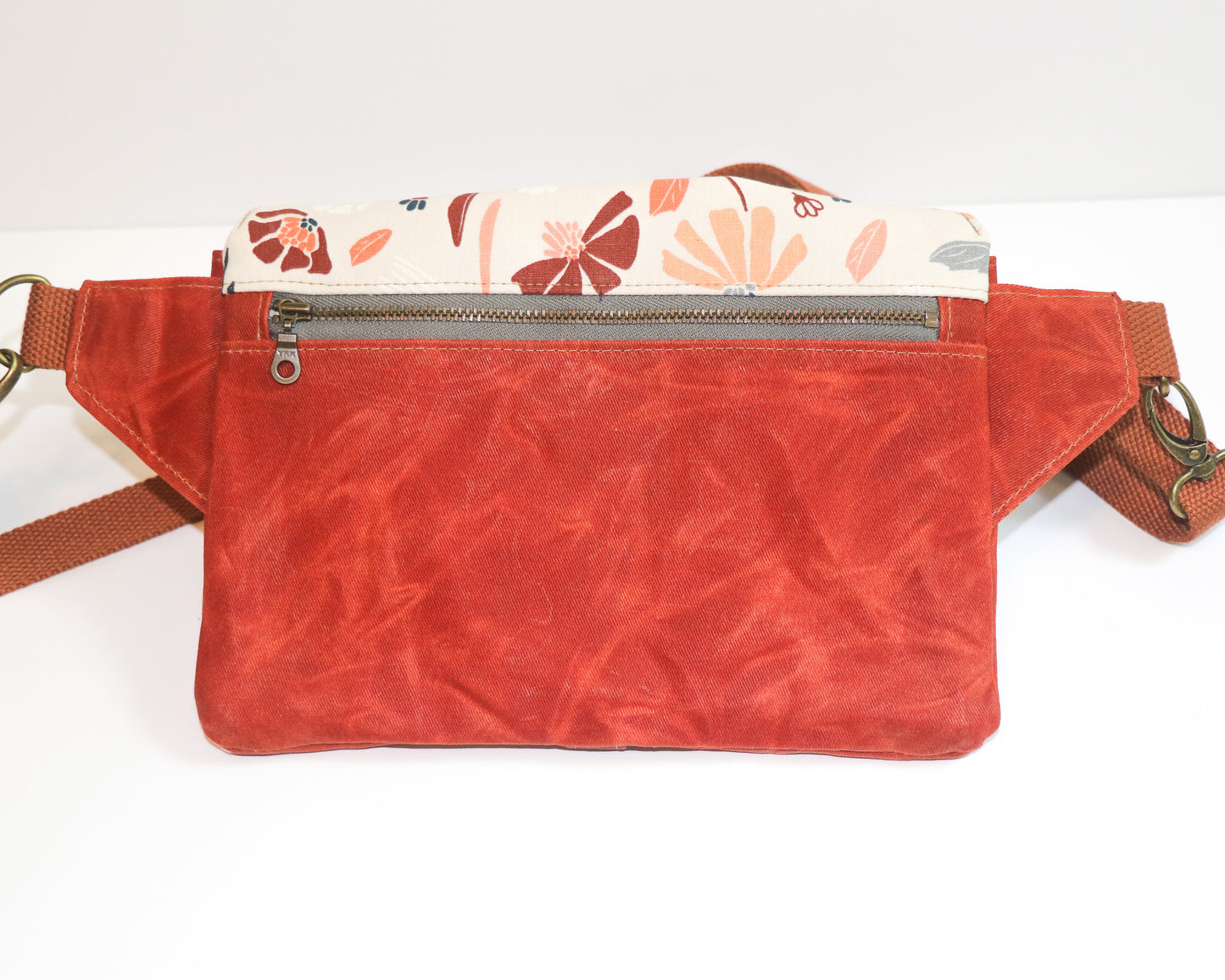 terra cotta waxed canvas and floral belt bag, back view