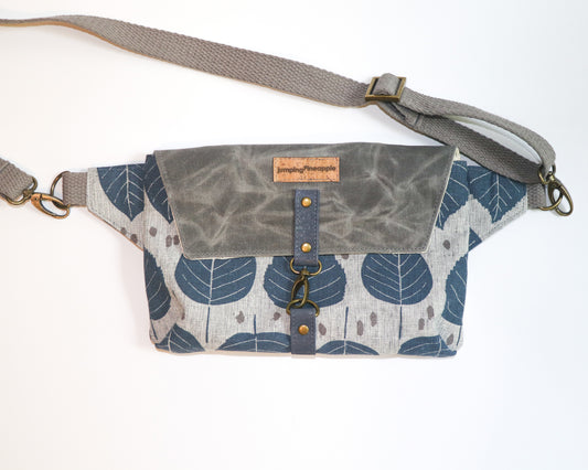 leaf print blue and grey belt bag, front view