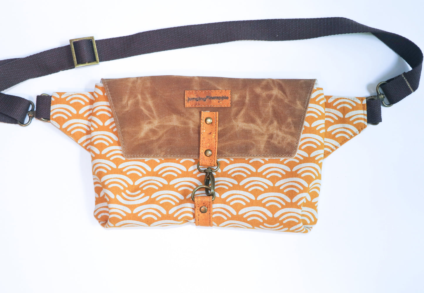 mustard print and waxed canvas belt bag, front view