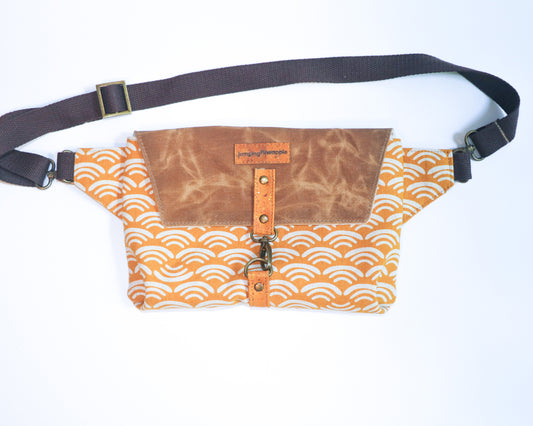 mustard print and waxed canvas belt bag, front view