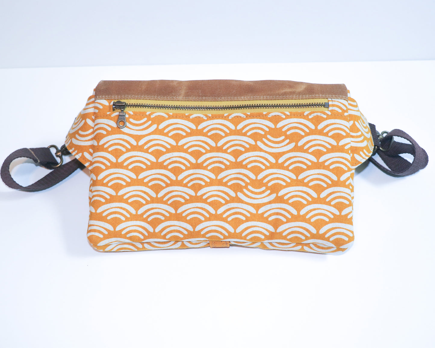 mustard print and waxed canvas belt bag, back view