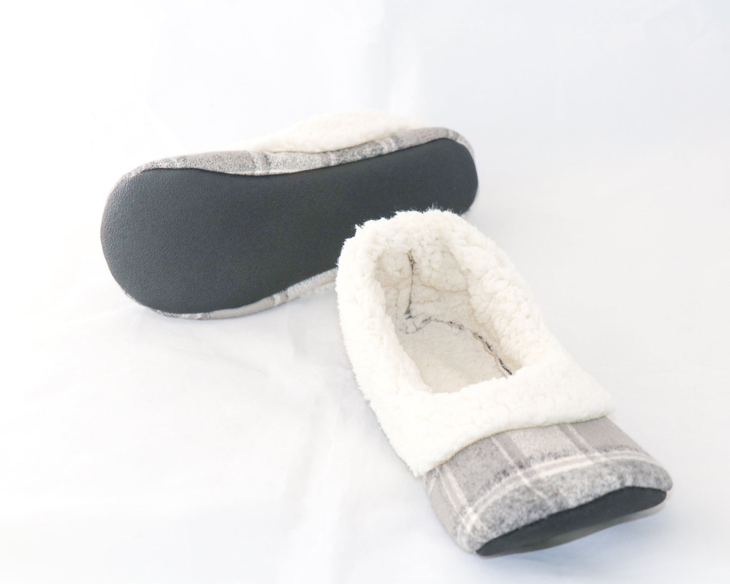 grey plaid flannel slippers with sherpa lining and neoprene soles