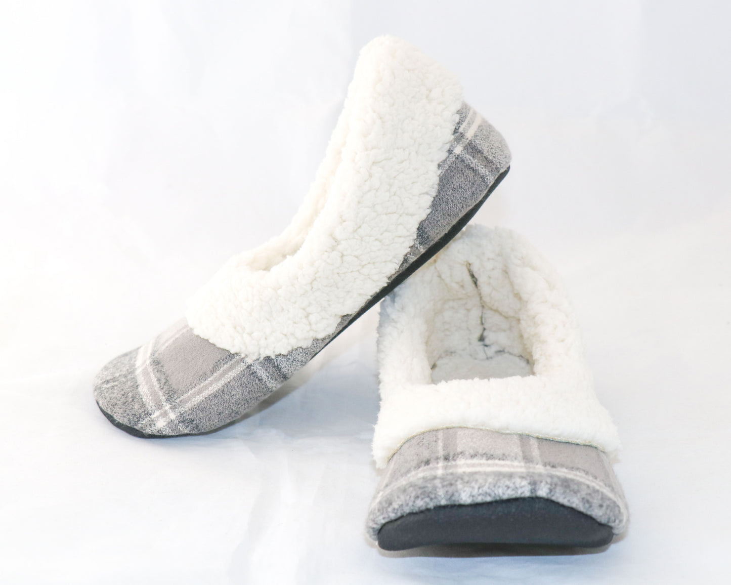 grey plaid flannel slippers with sherpa lining