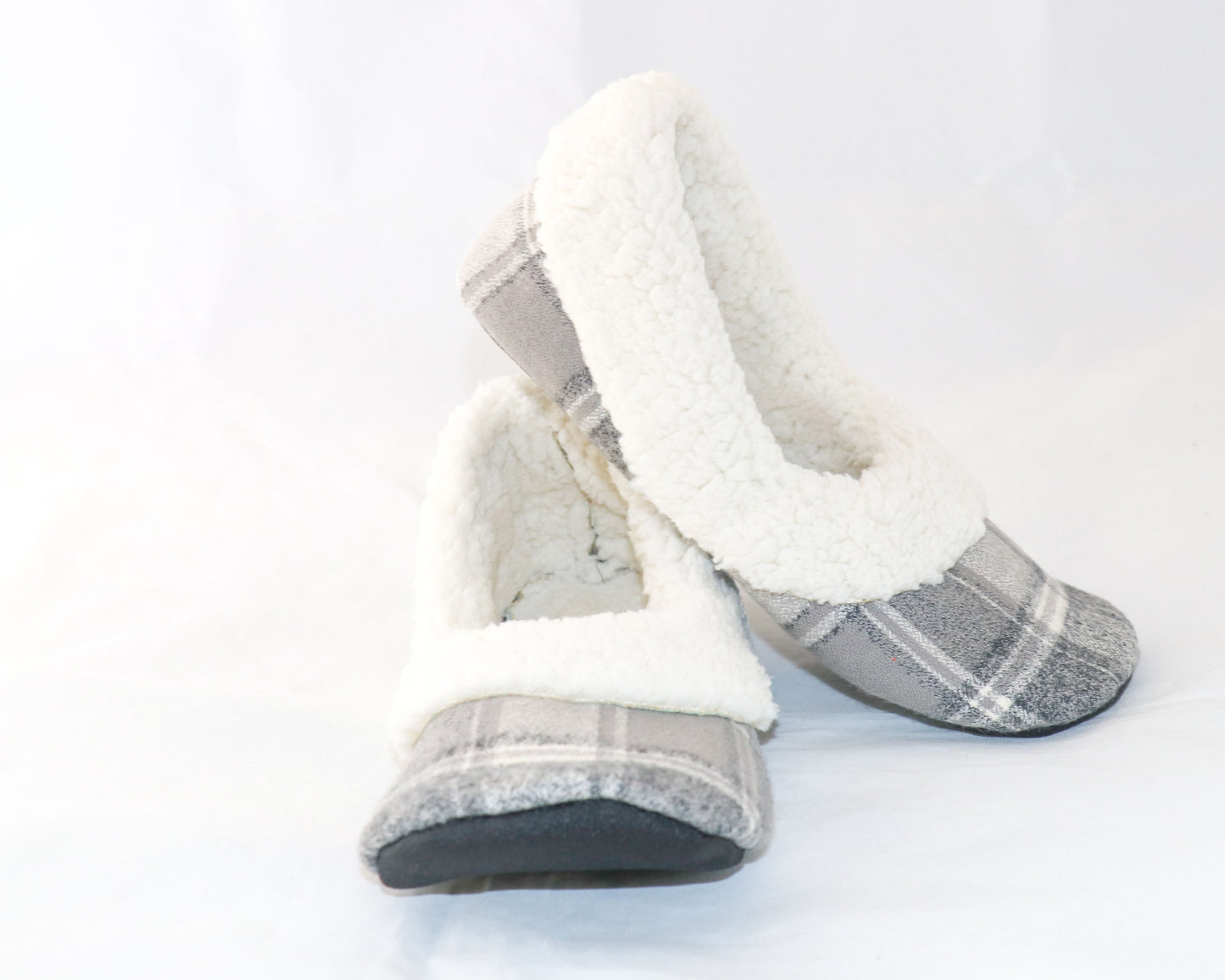 grey plaid flannel slippers with sherpa lining