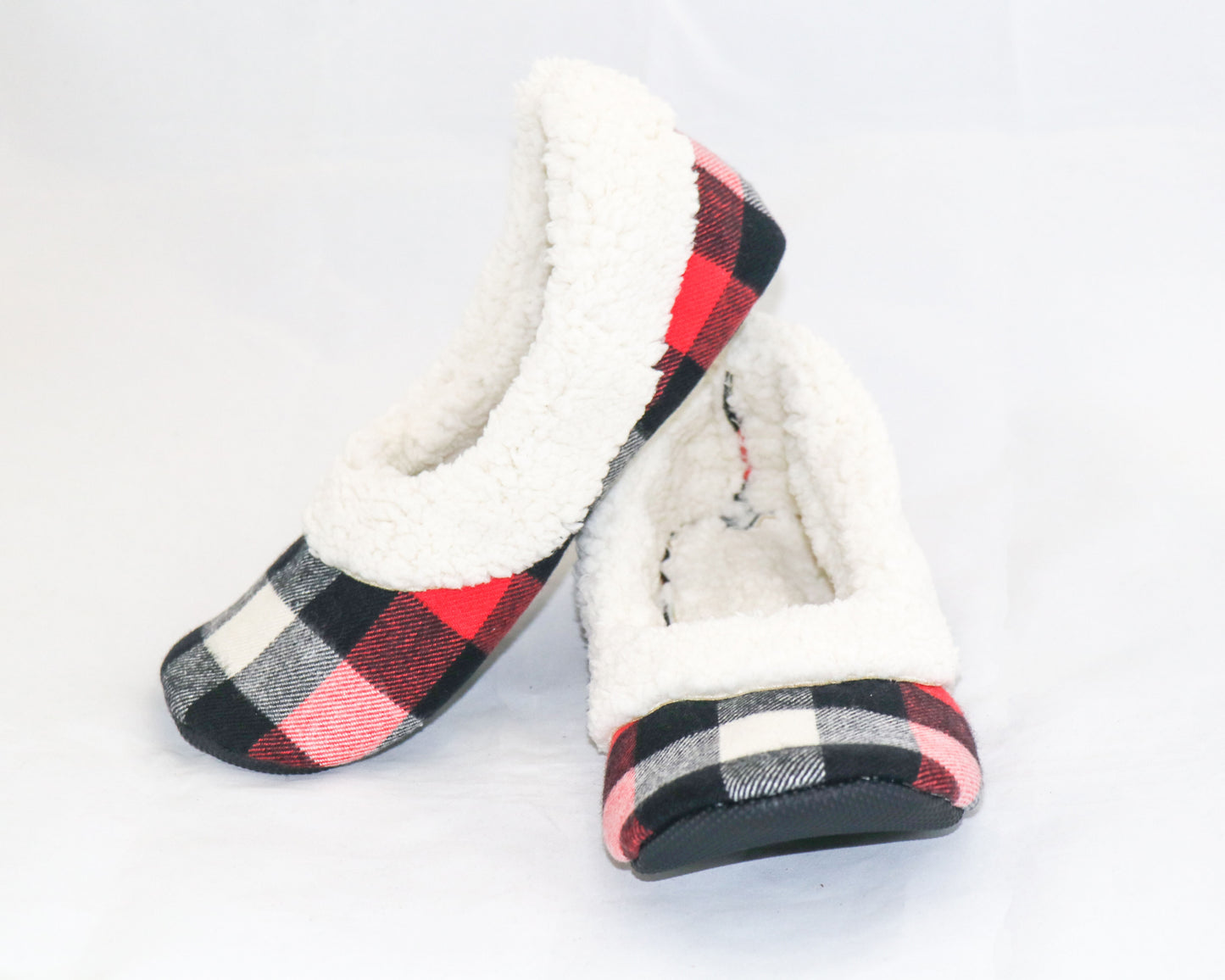 red and black flannel slippers with cream sherpa inside