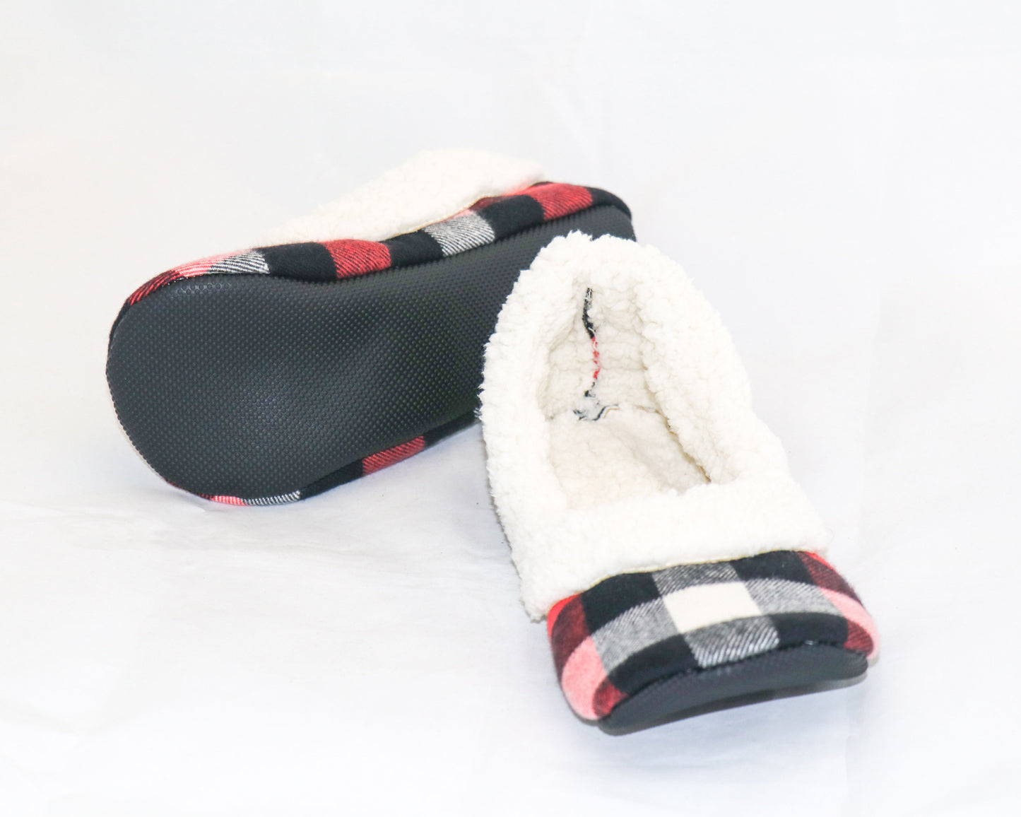 red and black flannel slippers with cream sherpa inside and black neoprene soles
