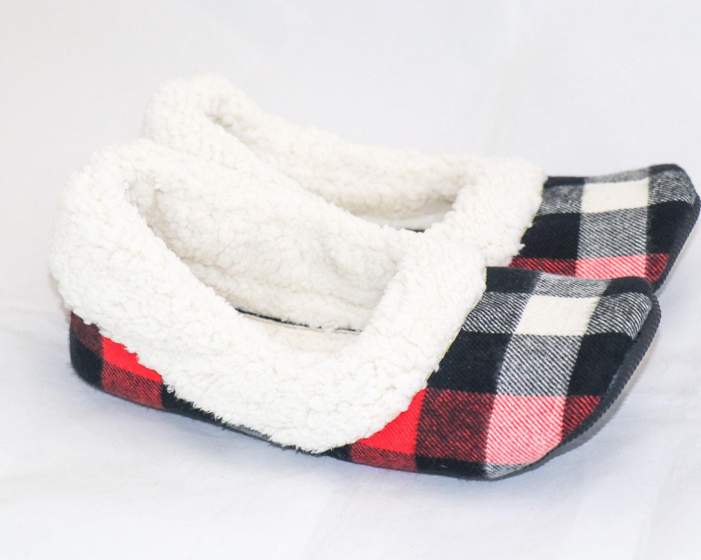 red and black flannel slippers with cream sherpa inside